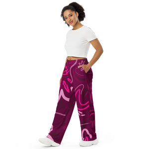 Dark Pink Abstract All-over print unisex wide-leg pants
