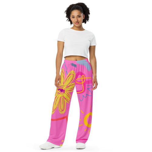 Pink Abstract All-over print unisex wide-leg pants