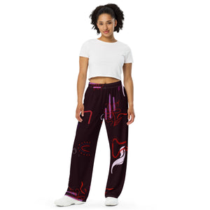 Abstract Dark Red and Purple All-over print unisex wide-leg pants