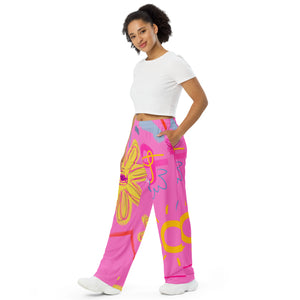 Pink Abstract All-over print unisex wide-leg pants